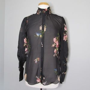 NWOT Joie Black Floral Long Sleeve Buttons Down Silk Blouse Top Womens Size L